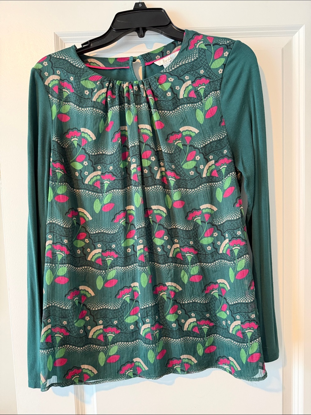 Boden Teal Floral Print Long-Sleeve Blouse with Pink & Green Accents